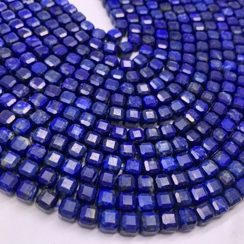 Каменные бусины, Лазурит, люкс, кубик, зеркальная огранка, 5х5 мм, длина нити 38 см