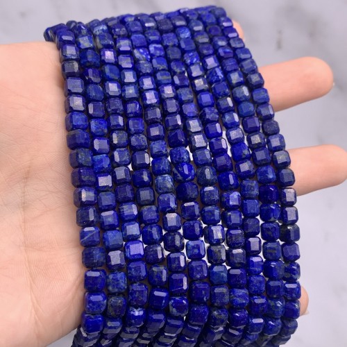 Каменные бусины, Лазурит, люкс, кубик, зеркальная огранка, 5х5 мм, длина нити 38 см