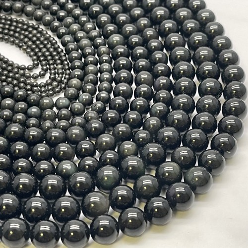 Каменные бусины, Обсидиан серебристый, шарик гладкий, 8 мм, длина нити 38 см