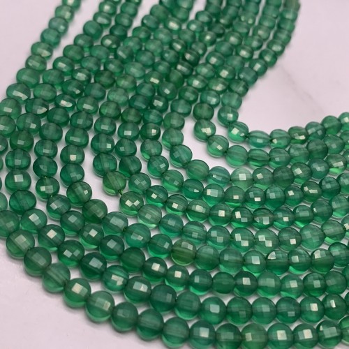 Каменные бусины, Халцедон изумрудный, тонированный, монетка, огранка, 4х2,5 мм, длина нити 38 см