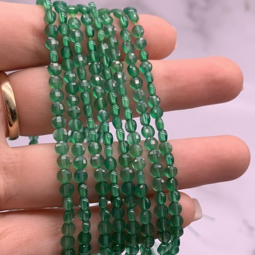 Каменные бусины, Халцедон изумрудный, тонированный, монетка, огранка, 4х2,5 мм, длина нити 38 см