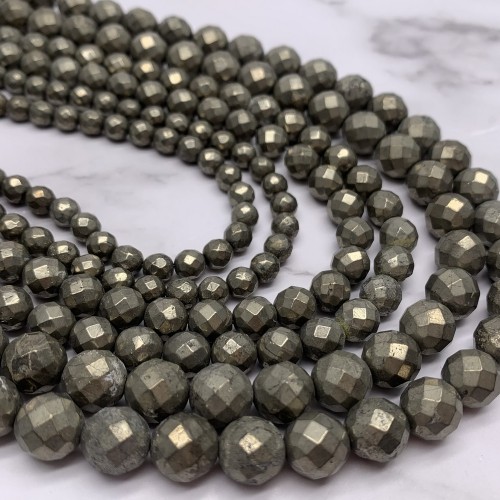 Каменные бусины, Пирит, огранка, шарик 6 мм, длина нити 38 см
