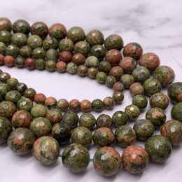 Каменные бусины, Унакит, огранка, шарик 10 мм, длина нити 38 см