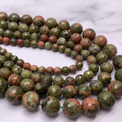 Каменные бусины, Унакит, огранка, шарик 12 мм, длина нити 38 см
