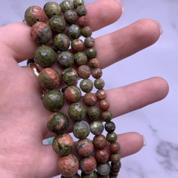 Каменные бусины, Унакит, огранка, шарик 6 мм, длина нити 38 см