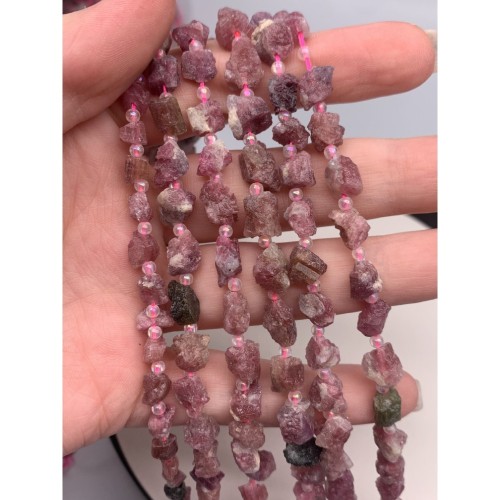 Каменные бусины, Турмалин розовый, Рубеллит, не обработанный, фриформы, 7-9 мм, длина нити 38 см