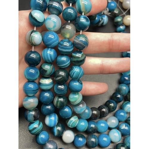 Каменные бусины, Агат, тонированный, чёрно-голубой, шарик гладкий, 12 мм, длина нити 38 см