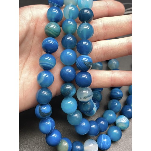 Каменные бусины, Агат, тонированный, синий, шарик гладкий, 12 мм, длина нити 38 см