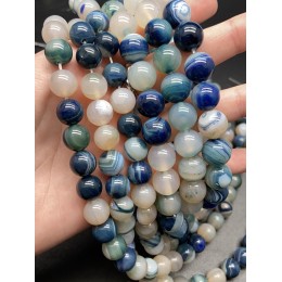 Каменные бусины, Агат, тонированный, бело-синий, шарик гладкий, 12 мм, длина нити 38 см