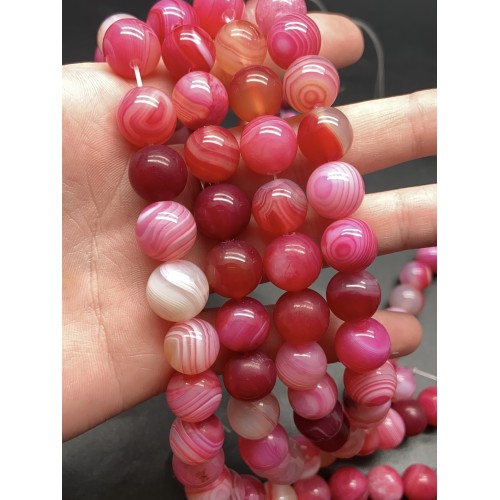 Каменные бусины, Агат, тонированный, ярко-розовый, шарик гладкий, 12 мм, длина нити 38 см