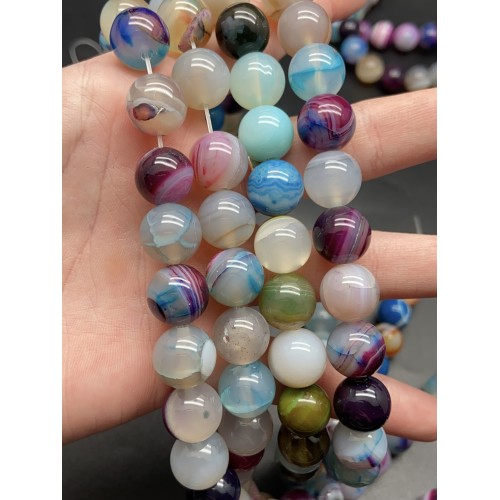 Каменные бусины, Агат, тонированный, светлый микс цветов, шарик гладкий, 12 мм, длина нити 38 см