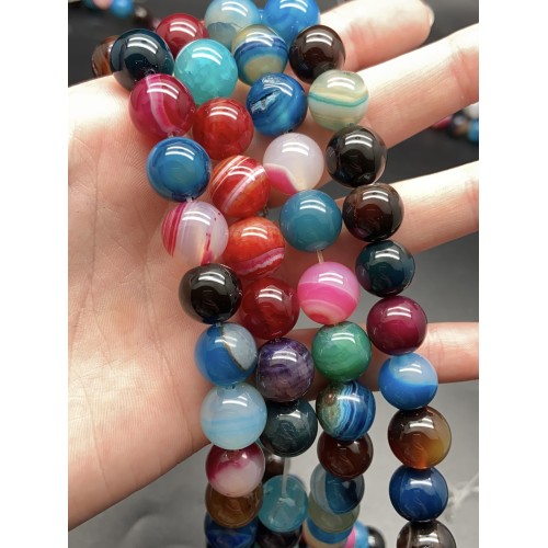 Каменные бусины, Агат, тонированный, тёмный микс цветов, шарик гладкий, 12 мм, длина нити 38 см