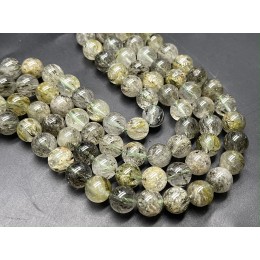 Каменные бусины, Рутиловый Кварц, Зелёный, шарик, гладкий, 10 мм, длина нити 19 см