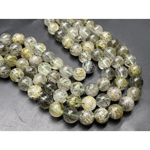 Каменные бусины, Рутиловый Кварц, Зелёный, шарик, гладкий, 10 мм, длина нити 38 см