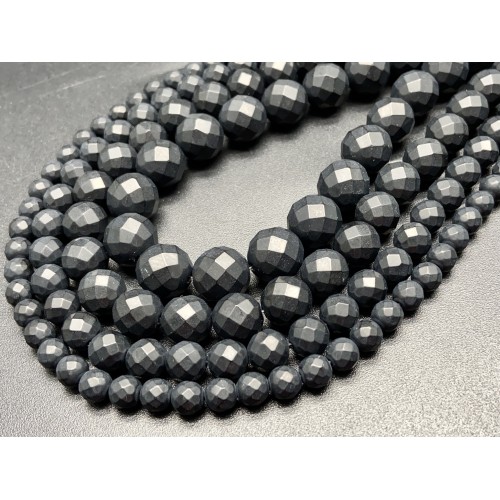 Каменные бусины, Агат, чёрный, матовый, шарик, огранка, 8 мм, длина нити 38 см