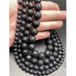 Каменные бусины, Агат, чёрный, матовый, шарик, огранка, 10 мм, длина нити 38 см