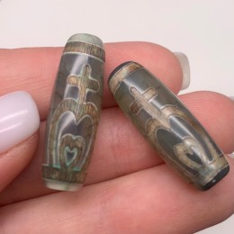 Бусина Дзи "334", Сосуд изобилия, Агат, зелёный, тонированный, состаренный, кракле, 29х10 мм, цена за 1 бусину