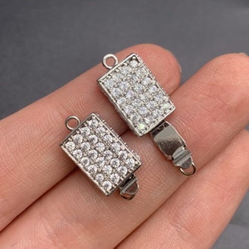 Застёжка, замочек, с фианитами, цвет серебро/родий, размер 19х10 мм