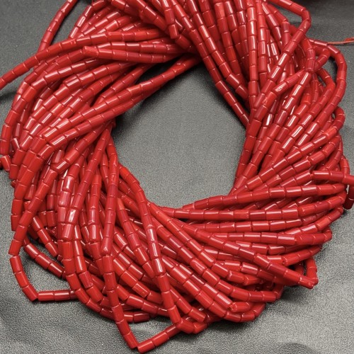 Каменные бусины, Коралл, красный, тонированный, трубочки, 5х3 мм, длина нити 38 см