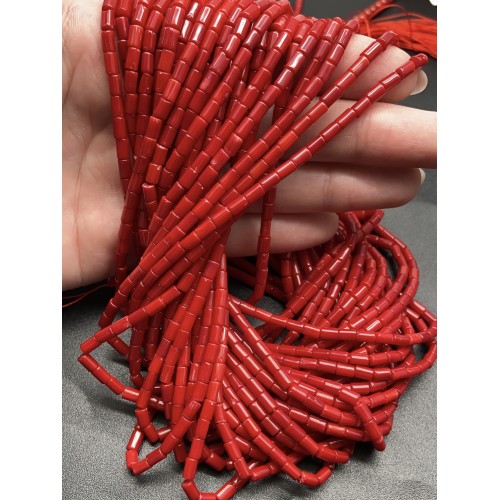 Каменные бусины, Коралл, красный, тонированный, трубочки, 5х3 мм, длина нити 38 см