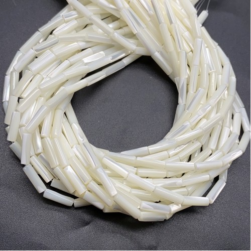 Каменные бусины, Перламутр, белый, столбики (трубочки), 13х4 мм, длина нити 38 см