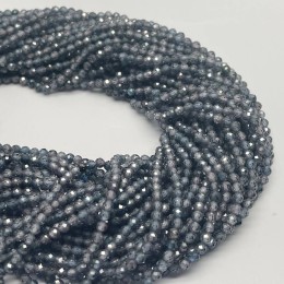 Каменные бусины, Цирконий кубический, (т.н. Циркон), кристалл, цвет "синий графит", шарик огранка, 3 мм, длина нити 38 см