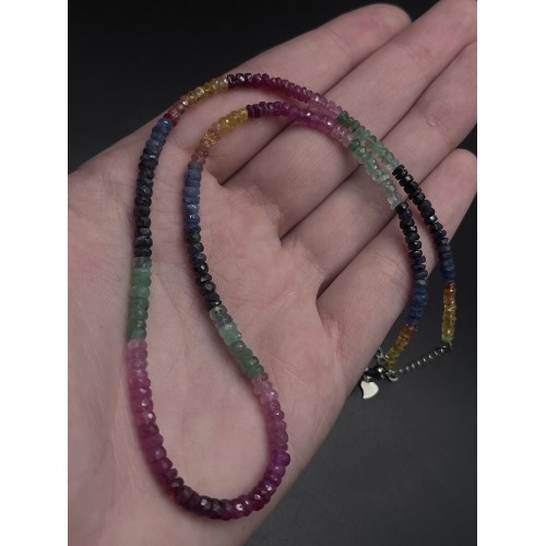 Каменные бусины, Чокер, Микс сапфир, люкс, экстра, рондель, переходный размер до 4х2 мм, длина нити 38 см, с замочком 925