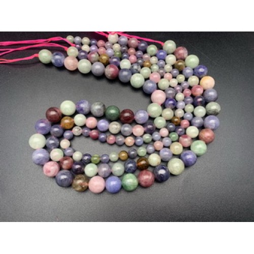 Каменные бусины, Микс, Турмалин+Танзанит, шарик гладкий, 6 мм, длина нити 19 см