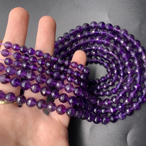 Каменные бусины, Аметист, люкс, шарик, огранка, 6 мм, длина нити 38 см