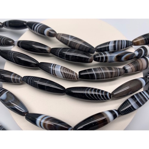 Каменные бусины, Дзи природные, Агат чёрный с полосками, люкс, 29х10 мм, 13 штук на нити