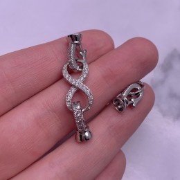 Застёжка, замочек, с фианитами, цвет родий, 40х10 мм