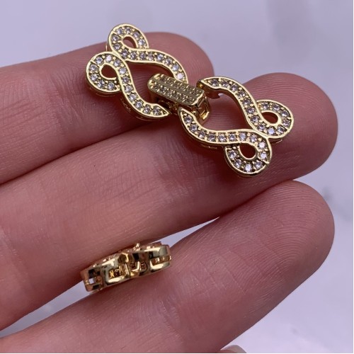 Застёжка, замочек многорядный, с фианитами, цвет золото, 30х12 мм