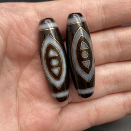 Бусина Дзи "281", 2 глаза Феникса, из агата, с инкрустацией золота, 38х12 мм, цена за 1 шт