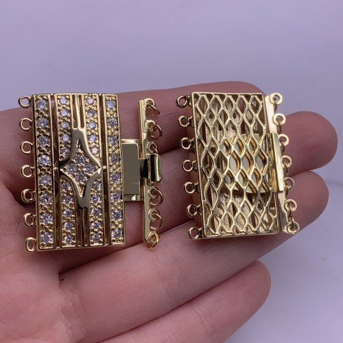 Застёжка, замочек, многорядный, с фианитами, цвет золото, 36х28 мм