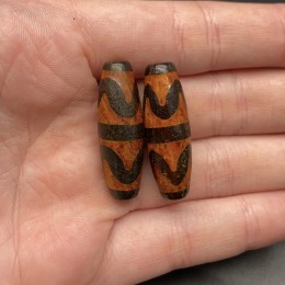 Бусина Дзи "356", Агат, Двойной тигриный клык, состаренная, 30х10 мм, цена за 1 шт