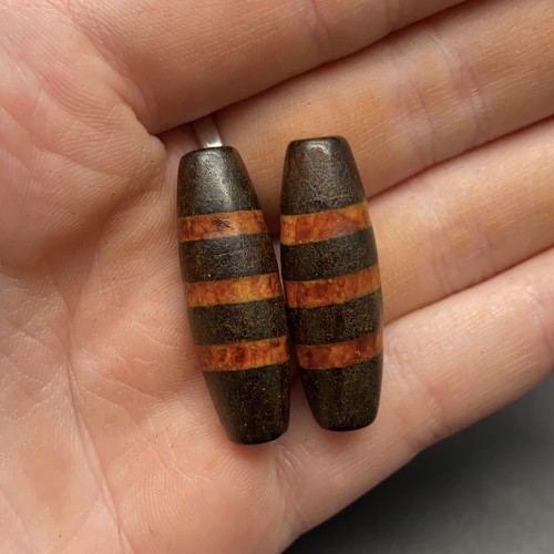 Бусина Дзи "368", Агат, три полоски желания, состаренная, 30х10 мм, цена за 1 шт