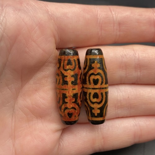 Бусина Дзи "381", Агат, Двойной сосуд изобилия, состаренная, 30х10 мм, цена за 1 шт