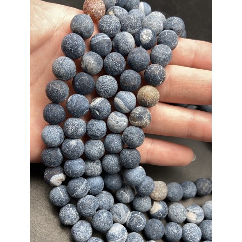 Каменные бусины, Африканский Агат, (Кракле), тонированный, голубой, шарик гладкий, 10 мм, длина нити 38 см