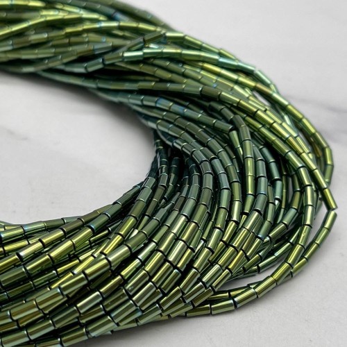Каменные бусины, Гематит синтетический, зеленый, трубочки, размер 4х2 мм, нить 38 см