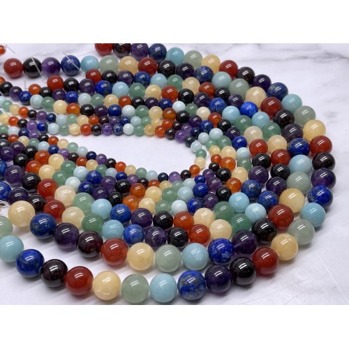 Каменные бусины, Микс камней, "7 ЧАКР", шарик гладкий, 10 мм, длина нити 38 см