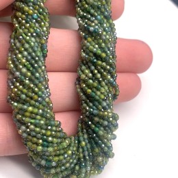 Каменные бусины, Цирконий кубический, (т.н. Циркон), кристалл зеленый микс, шарик огранка, 2 мм, длина нити 38 см
