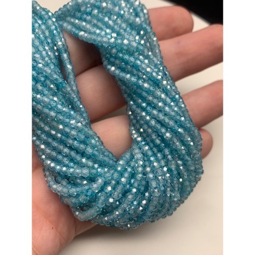 Каменные бусины, Цирконий кубический, (т.н. Циркон), голубой кристалл, люкс, рондель, огранка, 3х2 мм, длина нити 38 см