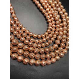 Каменные бусины, Вулканическая лава металлизированная, цвет розовое золото, 10 мм, нить 38 см