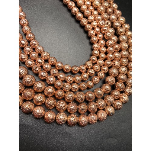 Каменные бусины, Вулканическая лава металлизированная, цвет розовое золото, 10 мм, нить 38 см