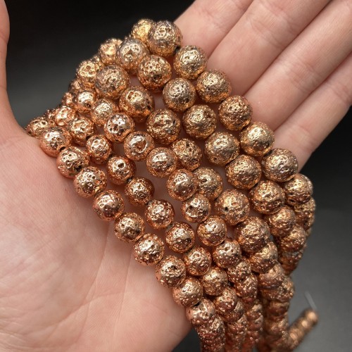 Каменные бусины, Вулканическая лава металлизированная, цвет розовое золото, 10 мм, нить 38 см