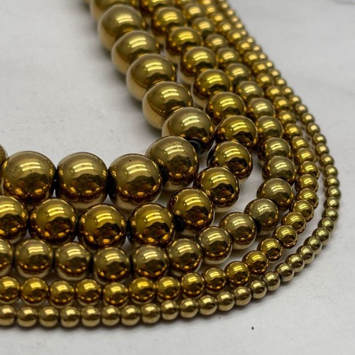 Каменные бусины, Гематит синтетический, золото, шарик гладкий, размер 8 мм, нить 38 см