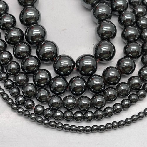 Каменные бусины, Гематит синтетический, темное серебро, шарик гладкий, размер 8 мм, нить 38 см