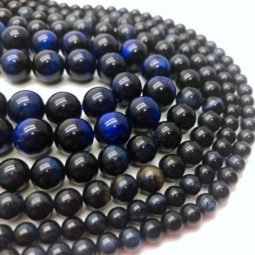 Каменные бусины, Тигровый глаз, тонированный, синий, шарик гладкий, 12 мм, длина нити 38 см