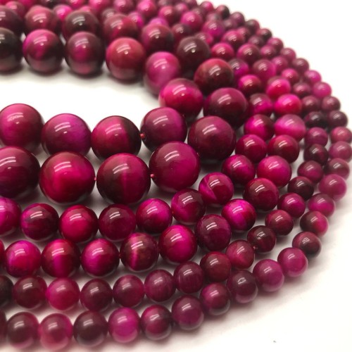 Каменные бусины, Тигровый глаз, тонированный, темно-розовый, шарик гладкий, 12 мм, длина нити 38 см