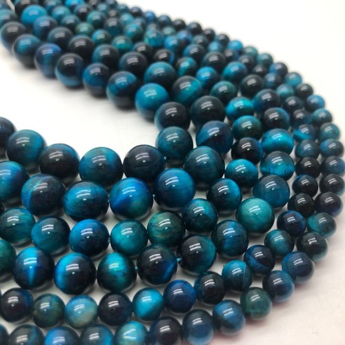 Каменные бусины, Тигровый глаз, тонированный, голубой, шарик гладкий, 8 мм, длина нити 38 см